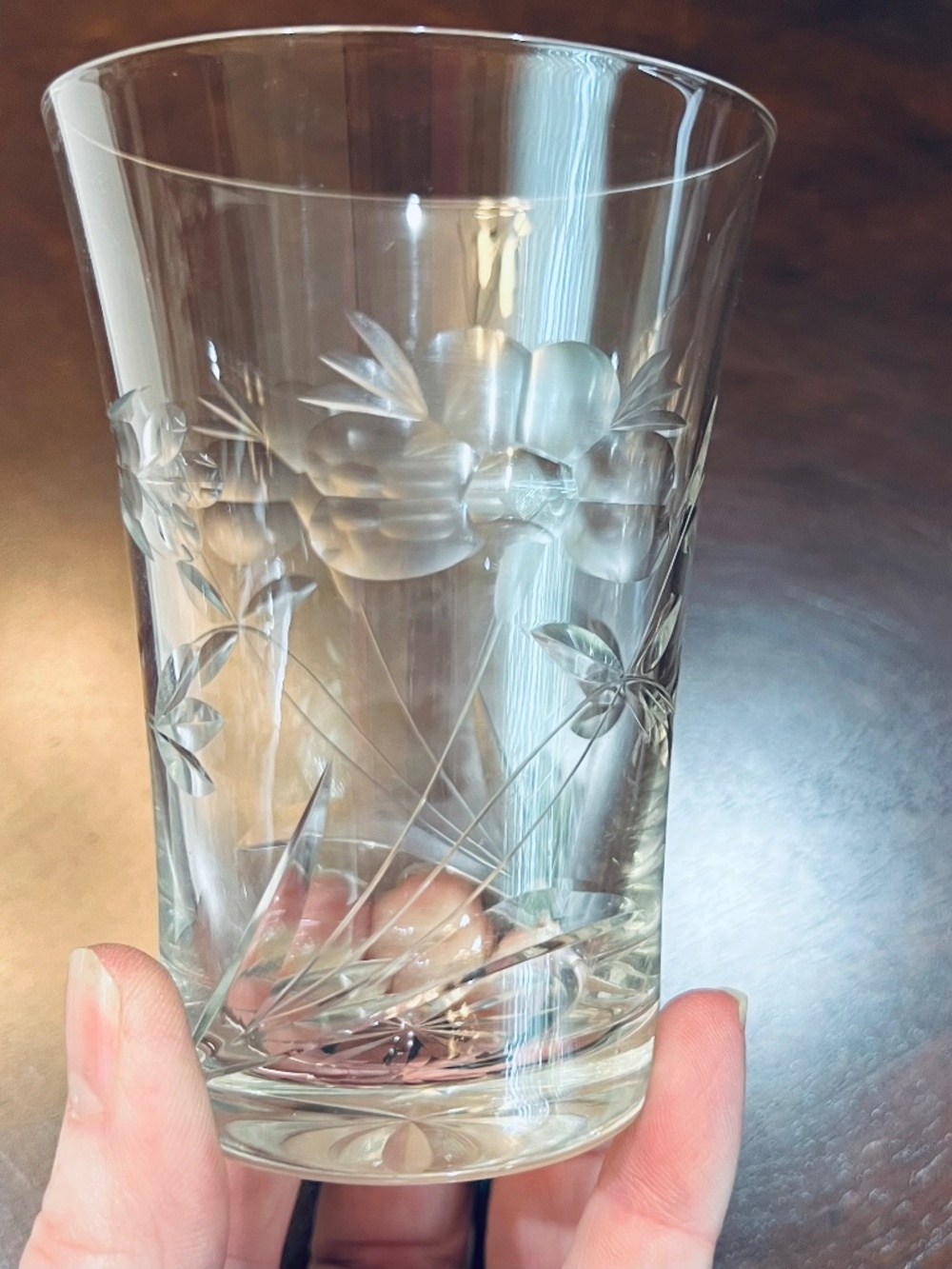 Vintage Clear Etched Floral Glass Tumblers - Set of 4 (+ 1 Bonus Chipped Glass)